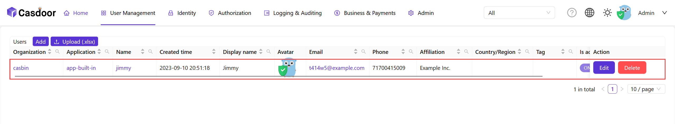 Casdoor-Benutzer-Ansicht